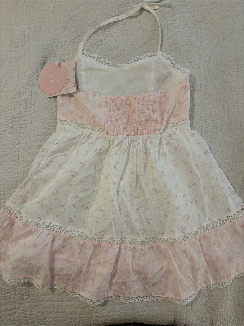LoveShackFancy Girls White and Pink Floral Halter Dress